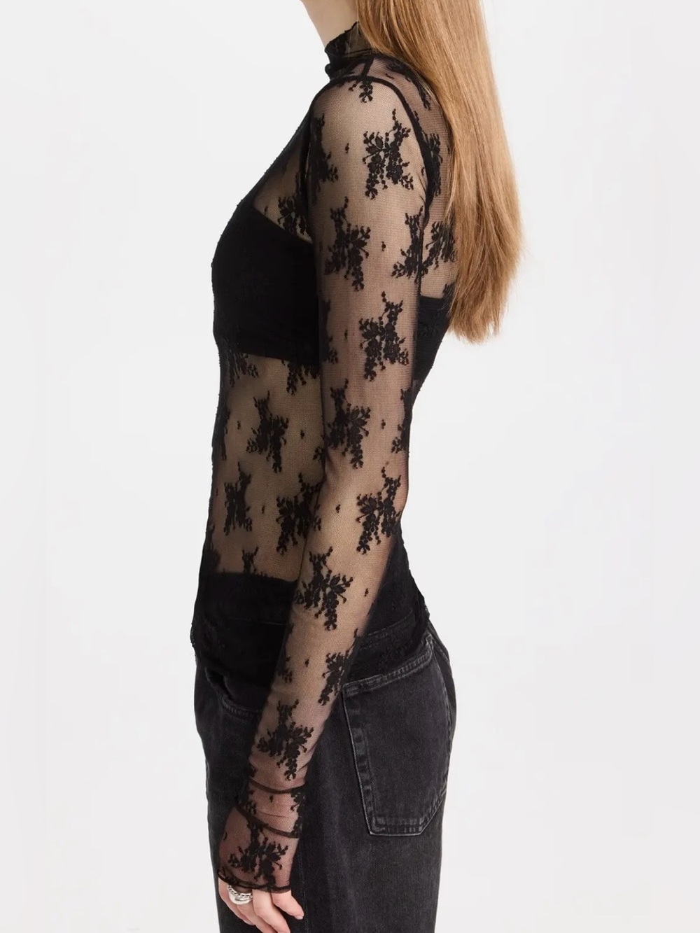 Free People Black Sheer Floral Lace Long-Sleeve Top - Picture 3 of 6